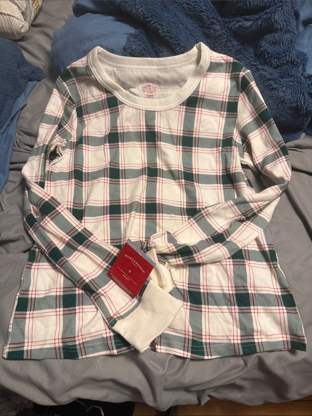 Wondershop Cream Green Plaid Long-Sleeve Pajama Top